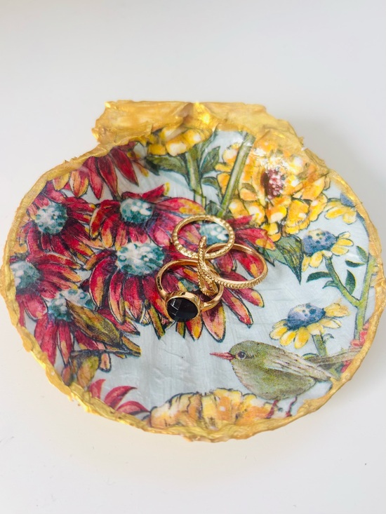 Handmade Jewelry - Handcrafted scallop Shell trinket dish with floral bird decoupage design.